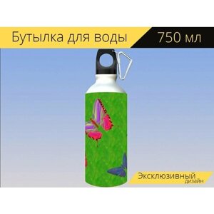 Бутылка фляга для воды "Бабочки, зеленый фон, летающий" 750 мл. с карабином и принтом
