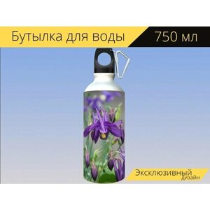Бутылка фляга для воды "Цветок, ирис, темно фиолетовый" 750 мл. с карабином и принтом
