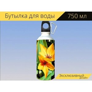 Бутылка фляга для воды "Цветок, тюльпаны, расцветает" 750 мл. с карабином и принтом