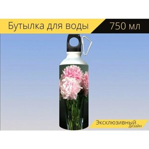 Бутылка фляга для воды "Цветы, пионы, ваза" 750 мл. с карабином и принтом