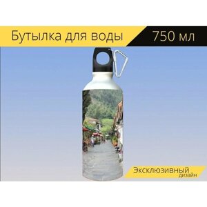 Бутылка фляга для воды "Городок заказать, улица, культура" 750 мл. с карабином и принтом