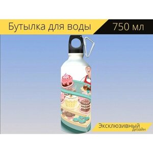 Бутылка фляга для воды "Конфеты, торт, шоколад" 750 мл. с карабином и принтом