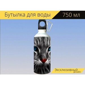 Бутылка фляга для воды "Кот, голубые глаза, кошачий" 750 мл. с карабином и принтом