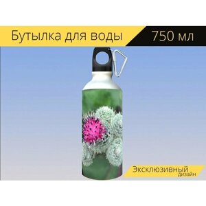 Бутылка фляга для воды "Лопух, репейник, цветение" 750 мл. с карабином и принтом
