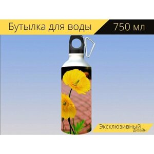Бутылка фляга для воды "Мак, цветок, цвести" 750 мл. с карабином и принтом