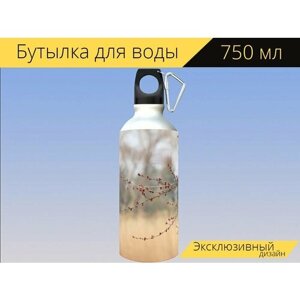 Бутылка фляга для воды "Персиковый цветок, бутоны, ветви" 750 мл. с карабином и принтом