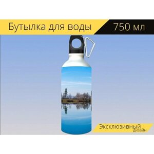 Бутылка фляга для воды "Пейзаж, озеро, вода" 750 мл. с карабином и принтом