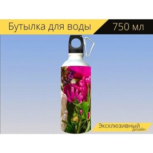 Бутылка фляга для воды "Пионы, букет цветов, цветочная композиция" 750 мл. с карабином и принтом