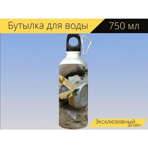 Бутылка фляга для воды "Пивная банка, море, мусор" 750 мл. с карабином и принтом