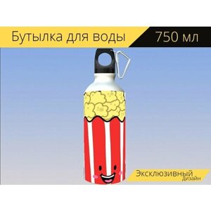 Бутылка фляга для воды "Попкорн, ведро, улыбка" 750 мл. с карабином и принтом