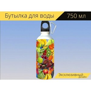 Бутылка фляга для воды "Сердце, фрукты, здоровый" 750 мл. с карабином и принтом