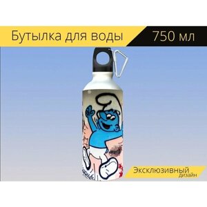 Бутылка фляга для воды "Смурф, смурфики, граффити" 750 мл. с карабином и принтом