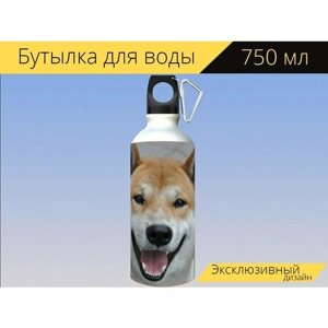 Бутылка фляга для воды "Собака, сибаину, улыбка" 750 мл. с карабином и принтом