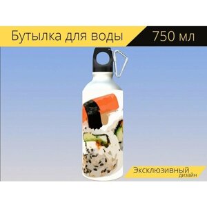 Бутылка фляга для воды "Суши, суши ролл, рис" 750 мл. с карабином и принтом
