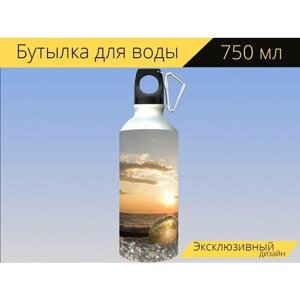 Бутылка фляга для воды "Тихий океан, море, закат" 750 мл. с карабином и принтом