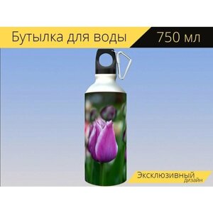 Бутылка фляга для воды "Тюльпан, тюльпаны, цветы" 750 мл. с карабином и принтом