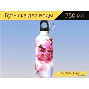 Бутылка фляга для воды "Японская сакура, цветы, дерево" 750 мл. с карабином и принтом
