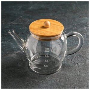 Чайник стеклянный заварочный с бамбуковой крышкой и металлическим фильтром "Эко. Бабл", 800 мл, 22 х 12,5 х 15 см