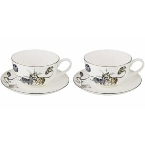 Чайный набор посуды на 2 персон Lefard Котики 300 мл, сервиз 4 предмета: 2 чашки и блюдца, подарочный белый Фарфор Лефард