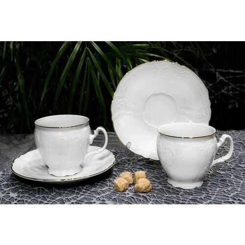 Чайный набор посуды на 2 персоны Bernadotte Отводка золото 240 мл, 4 предмета: 2 чашки и блюдца для чая и кофе, подарочный белый фарфор Бернадот Чехия