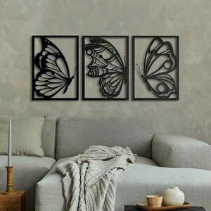 Декоративное металлическое панно, Бабочки, набор из 3 элементов декора (черный цвет)