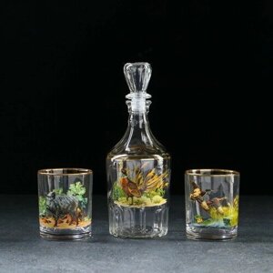 Декостек Набор подарочный «Трофейная охота», стеклянный, 3 предмета: графин «Цезарь» 550 мл+ 2 стакана 250 мл
