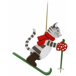 Деревянная елочная игрушка ручной работы "Кошка на лыжах", новогоднее украшение в Новый год и Рождество