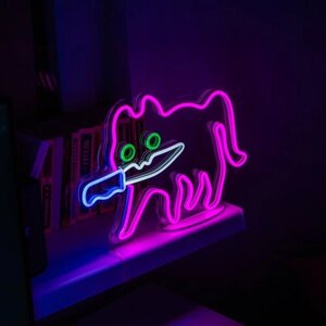 DIODENEON / Неоновый светильник - Кот с ножом мем 40х27 см, неоновая вывеска, гибкий неон