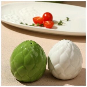 Дорого внимание Перечница и солонка из керамики «Артишок», белая и зеленая 6 х 6.5 см, цвет белый-зелёный