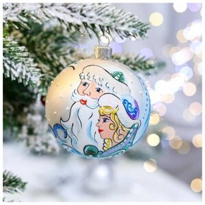 Ёлочная игрушка Шар «Дед Мороз и Снегурка», 80 мм, ручная роспись, стекло