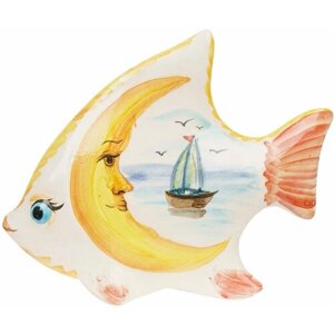 Фигурка малая Рыба Месяц с парусником керамическая декоративная авторской ручной работы