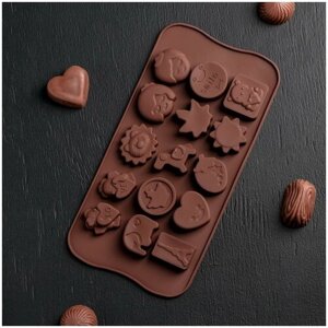 Форма для льда, шоколада, конфет и кондитерских изделий "Милости", 15 ячеек, 21 х 10 см, силикон, цвет шоколадный