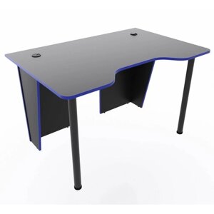 Игровой компьютерный стол "Лакер" с полкой для монитора и тумбой, 120x80x75 см, чёрный с синей кромкой