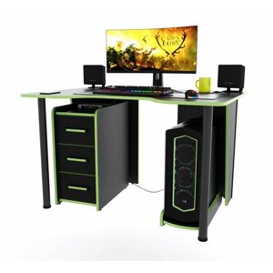 Игровой компьютерный стол "Лакер" с тумбой, 100x80x75 см, чёрный с зелёной кромкой