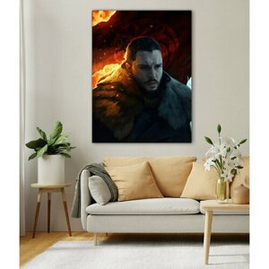 Интерьерная картина на холсте "Игра престолов - Джон Сноу на фоне пламени" размер 45x60 см