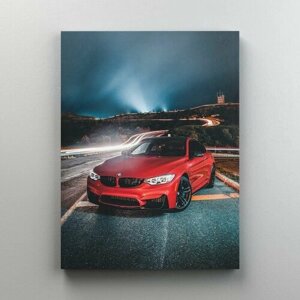Интерьерная картина на холсте "Красный BMW M4 - автомобиль ночью" размер 45x60 см