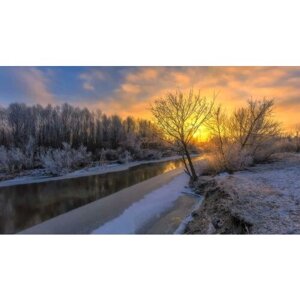Картина на холсте 60x110 LinxOne "Лед небо зима река рассвет" интерьерная для дома / на стену / на кухню / с подрамником