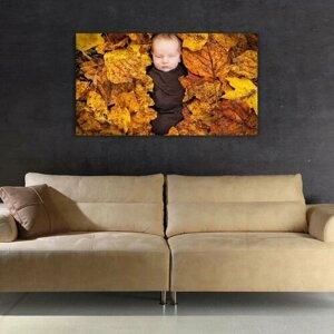 Картина на холсте 60x110 LinxOne "ребёнок осень листва листья" интерьерная для дома / на стену / на кухню / с подрамником
