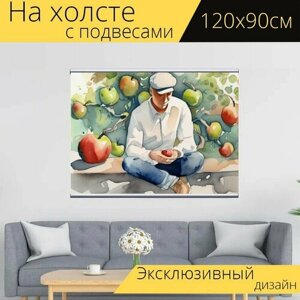 Картина на холсте "Человек яблоко шляпа, в стиле акварель" с подвесами 120х90 см. для интерьера на стену