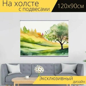 Картина на холсте "Дерево весной, в стиле акварель" с подвесами 120х90 см. для интерьера на стену