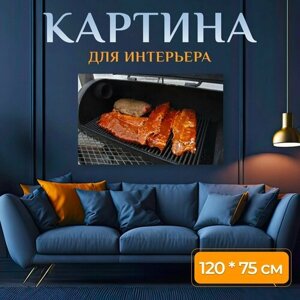 Картина на холсте "Гриль, ребра, стейк" на подрамнике 120х75 см. для интерьера