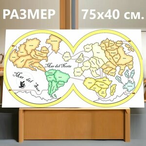 Картина на холсте "Карта, земля, континенты" на подрамнике 75х40 см. для интерьера