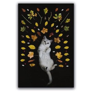 Картина на холсте "Котик и листья"Ru-print / Картина для интерьера дома / Картина на холсте 40х60