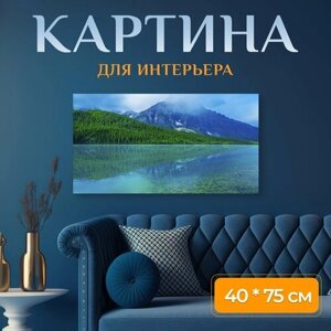 Картина на холсте "Отражение, гора, озеро" на подрамнике 75х40 см. для интерьера