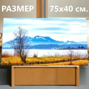 Картина на холсте "Озеро, горы, камыши" на подрамнике 75х40 см. для интерьера