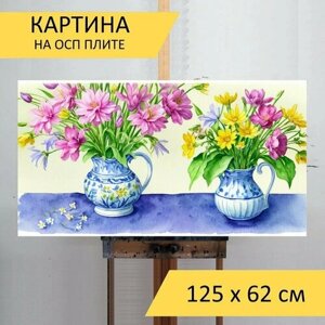 Картина на ОСП "Натюрморт с весенними цветами акварелью, " 125x62 см. для интерьера на стену