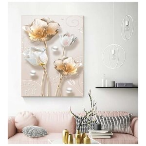 Картина на стену в комнату/гостиную/зал/спальню "Жемчужные цветы", хлопковый холст на подрамнике, 50х70 см