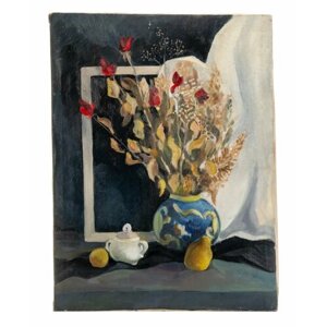 Картина "Натюрморт с алыми розами", холст, масло, СССР, 1970-1990 гг.