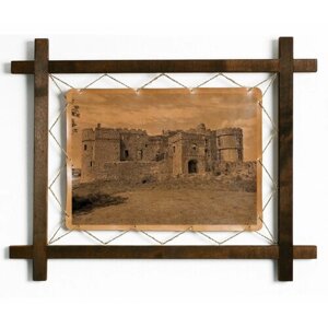 Картина "Замок Карей, Уэльс", гравировка на натуральной коже, интерьерная для украшения и декора на стену в деревянной раме, подарок, BoomGift