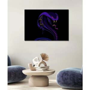 Картина - змея, арт, минимализм, фиолетовая змея, токсичная змея, клыки змеи (127) 50х70
